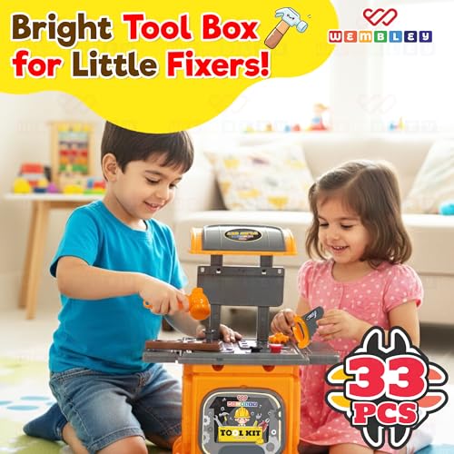 Image of Wembley Kids Tool Kit Set with Trolley & Toolbox | DIY Construction Pretend Play Tools for Boys & Girls 3-6 Years | Workshop Role Play Toy | Montessori Learning Gift for Kids Age 3, 4, 5, 6