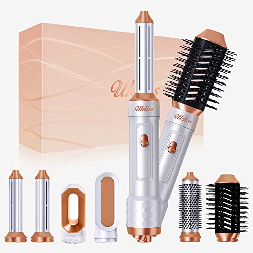 UKLISS Air Styler 6 In 1, Haartrockner Warmluftbürste Set Mit 6 Aufsätze, Trocknen, Glätten, Locken, Volumengeben, Massieren der Kopfhaut, Ionen Pflege, Stylingbürsten für Alle Haartypen