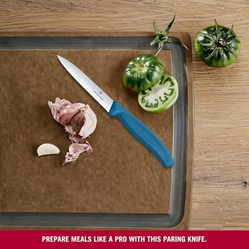 Image of Victorinox Swiss Made Stainless Steel Swiss Classic Paring Knife, 10 cm, Serrated Edge with Pointed Tip, Professional and Household Kitchen Tools, Kitchen Items, Blue, 6.7732.C1 | Multipurpose Knife