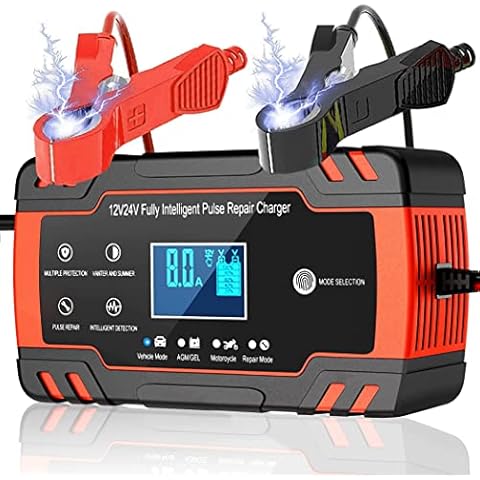 8A Car Battery Charger, 12V 24V Battery Charger & Maintainer, 3-Stage Automatic Trickle Battery Charger Maintainer with Six Functions for Most Types of 2AH-150AH Lead Acid Batteries Cover
