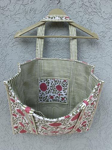 Image of Quilted Cotton Hand printed Reversible Large multicolor cotton Tote Bag,Indian Handmade Block Printed Tote Bag Women Handbag