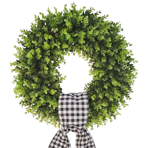 Boxwood Wreaths for Front Door Artificial Green Spring Summer Wreaths Farmhouse Door Hanger Year Round Door Wreath Wedding and St Patricks Day Decorations Indoor Outside use- with Buffalo sash-20