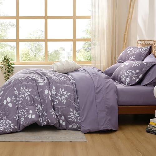 Image of Bedsure Floral Grayish Purple Comforter Set, King Bedding Sets, 7 Piece | Bed in a Bag, Comforters, Bedroom, Reversible, Fluffy, Whisper-Quiet, All-Season, Polyester, Easy Care, Botanical-Chic, OEKO