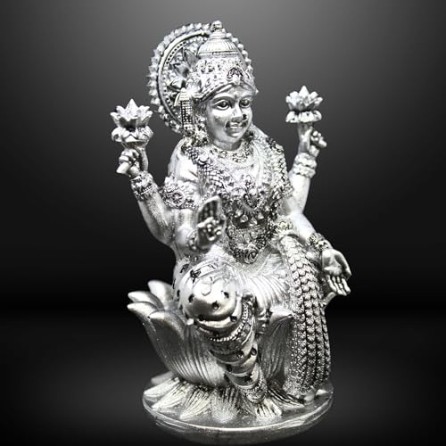 Image of Goddess Lakshmi Laxmi Devi MATA Idol - 4.5 Inches Polystone Material Murti - Colour- Brass, Silver - Perfect Statue for Car Dashboard, Home, and Office Decor Indian God Small Size (Silver)