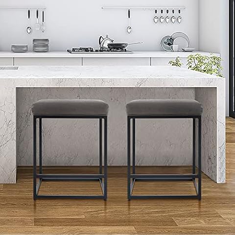 HERA'S PALACE 24" Bar Stool Counter Height Grey Bar Stools, Barstools Set of 2 Leather Bar Chairs with Footrest for Kitchen, Dining Bar, Indoor Cover