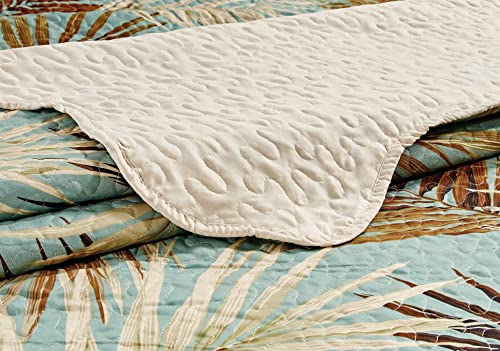 Masterplay 3-Piece Fine Printed Tropical Palm Leaves Oversize (100" X 95") Quilt Set, Bedspread Coverlet Queen Size Bed Cover (Sage, Aqua, Brown, Khaki) #TOP2