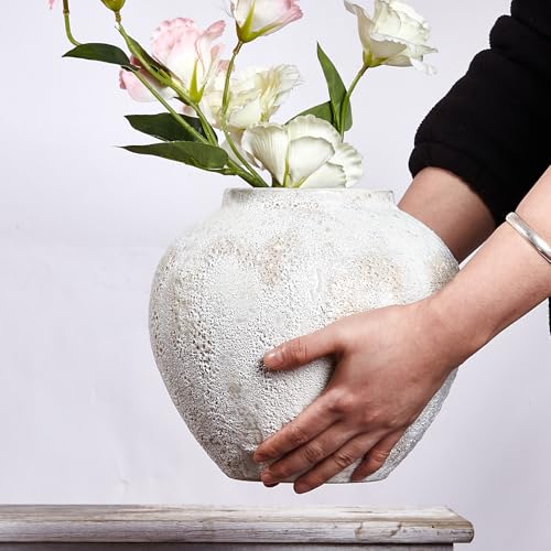 Vaso redondo grande de cerâmica branca rústica flor de casa de fazenda de boca larga, vaso boho de t
