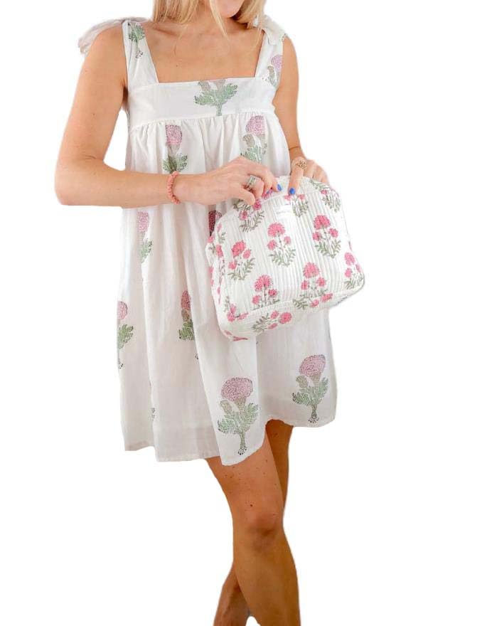 Image of Women Tie Shoulder Mini Dress Floral Ruffle Babydoll Dress Boho Square Neck Sundress Cute Summer Dresses