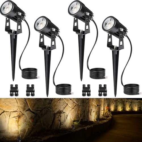 SUNVIE 3W Low Voltage Landscape Lighting LED Landscape Spotlights with Connectors Waterproof Low Voltage Landscape Lights 3000K Warm White Uplights Outdoor Spot Lights for Yard Garden House, 4 Pack by SUNVIE - Used condition - US$30.02