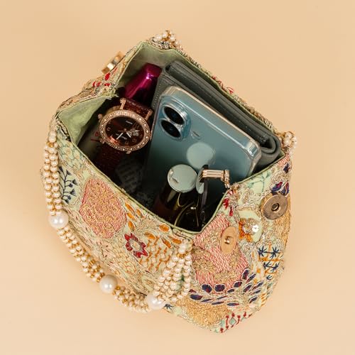 Image of Opulent Pearl Potli Bag, Bridal Wedding Handbag, Designer Beaded Clutch for Women, Festive Ethnic Purse