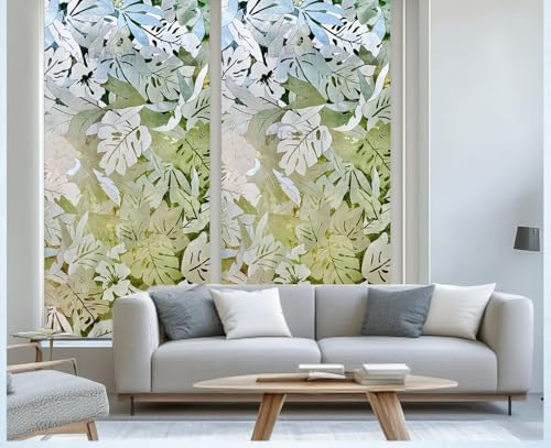 Image of WISDOM Premium Frosted Glass Window Film Self Adhesive Decorative Glass Window Privacy Sheet Film UV Control Removable Vinyl Privacy Film (Palm Leaves, 24x50 Inch)