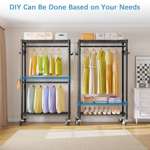 VIPEK R2 Mini Rolling Clothes Rack Heavy Duty Clothing Rack for Hanging Clothes Adjustable Portable Closet Metal Clothes Racks with Wheels Double Rods Side Hooks, Freestanding Garment Rack, Black
