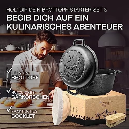 besøk Żeliwny garnek do pieczenia chleba Ø 26 cm (5,5 litra) Pre Seasoned w zestawie kosz do garowania + drewniana szczotka + broszura z przepisami kulinarnymi | okrągła forma do pieczenia chleba z pokrywką | odporna na do