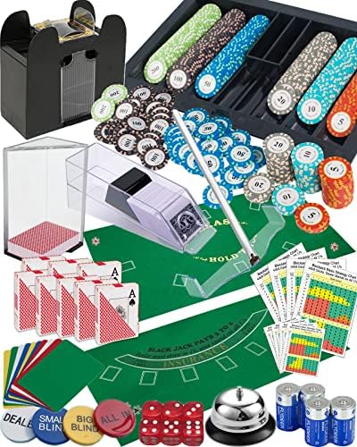 Casino Set: Shuffler + Card Shoe + 300pcs Chips + Double-Sided Felt + 8Deck Playing Cards + Chip Rake + Bell + Dice + Cut Cards + Casino Buttons + 4pcs Batteries (Casino Professional Super Set)