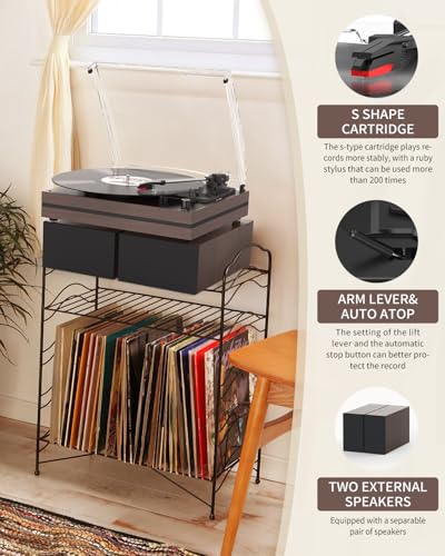 Image of Record Player with Two External Speakers Belt-Drive Turntable for Vinyl Records Dual Stereo Speakers Vintage LP Players Support 3 Speed Wireless Playback AUX Headphone Input Auto Stop Wood Brown