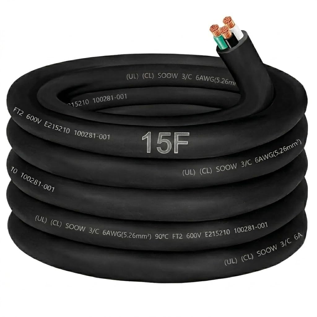 Cable SOOW de calibre 6 de 15 pies, cable eléctrico SOOW, cable eléctrico SOOW de 6 AWG, cable de extensión de 3 conductores en total para soldador, generador, cable industrial a granel SOOW