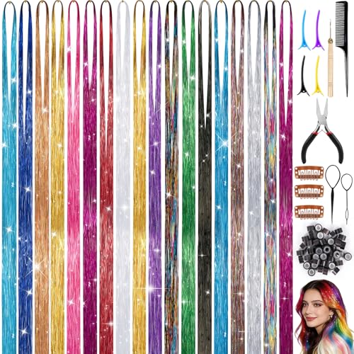 18 Colors Hair Tinsel Kit 3200 Strands Fairy Tinsel Hair Extensions with Tools 120cm Colorful Hairs Tinsels Heat Resistant Accessories for Women Girls Glitter Hairs Extensions for Party Cosplay