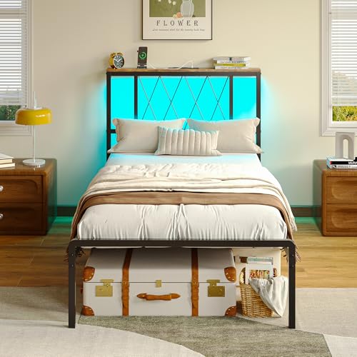 IRONCK Bett 90x200 mit LED Beleuchtung, Bettgestell 90x200 mit Steckdose, 1 USB, 1 Typ-C-Anschlüsse, Metallbett mit Kopfteil und Stauraum,...