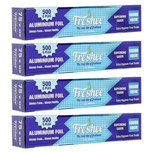 Image of Freshee Aluminium Foil for Wrapping Food 22mtrs Silver Foil Roll Disposable Foil for Food Parcel 66000sqcm, Pack of 4
