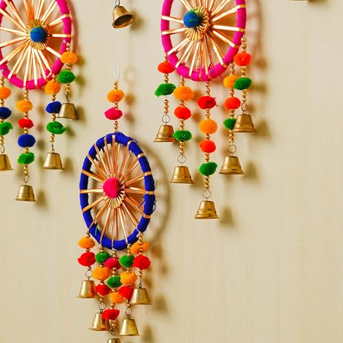 Image of eCraftIndia Gota Patti Bangle & Bells Decorative Wall Door Hangings Latkan Toran for Main Door Entrance, Pooja Room - Wedding, Ganpati Navratri Diwali Decoration Items for Home Decor -(Pack of 8)