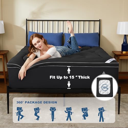 Image of BEDLORE Full Mattress Topper, Thick Pillow Top Pad for Back Pain Relief, Soft Mattress Cover with Deep Pockets 6-15 inch（Black）