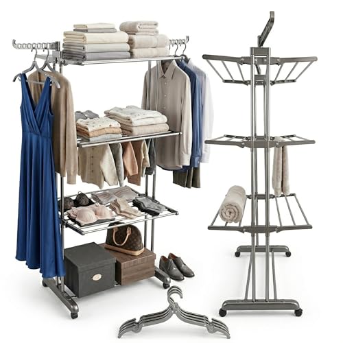 CAMBURVERDÓN EN CADA RINCÓN Tendedero Vertical Plegable Tipo Torre – 4 Niveles, 6 Bandejas Ajustables, Ruedas 360° y 10 Perchas Incluidas – Acero Inoxidable, 50 kg de Capacidad – Gris – CAMBURVERDON®