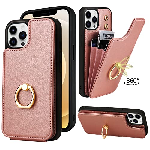 Funda cartera para iPhone 12 con bloqueo RFID y soporte de anillo integrado de 360 grados