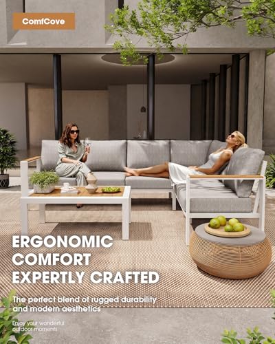 Image of Aluminum Outdoor Patio Furniture Set, 8 Seats Patio Conversation Sets, Oversized Outdoor Sectional with Washable Thick Cushions & Coffee Table for Backyard, Garden and Poolside, White