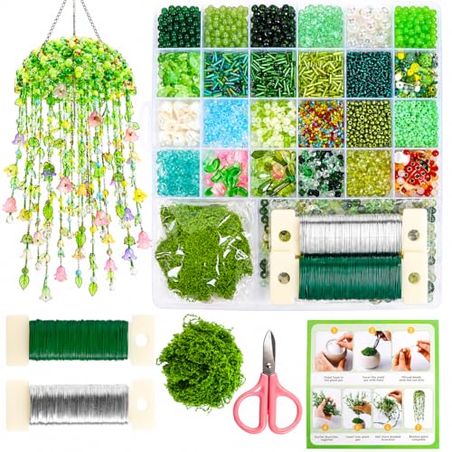 Diltik 5000+ Pcs Green Glass Beads DIY Beaded Plant Kit for Hanging Succulent Plants Crystal Leaf & Flower Beads Forever Plant Craft for Home Office & Gift