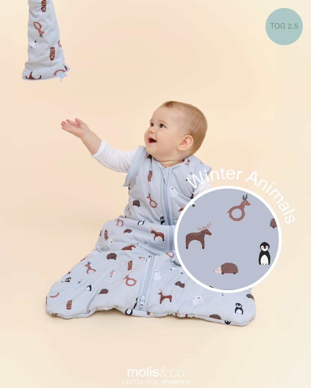 molis&co - Saco de Dormir para bebé 2.5 TOG con Mangas Desmontables - (0-6 Meses) - Ideal para Invierno - 100% algodón (Oeko-Tex 100) - Winter Animals