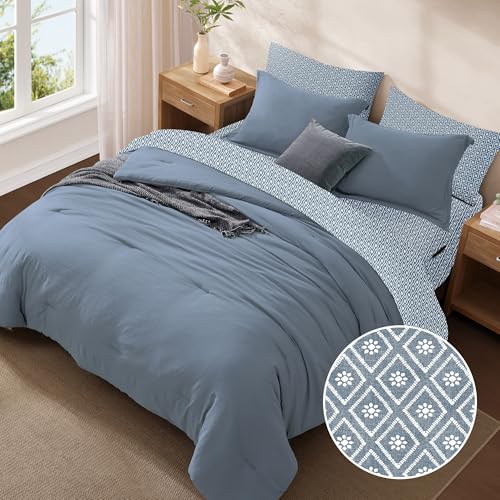 Image of Monbix Full Size Comforter Sets-7 Pieces Soft Bed in a Bag Full Bedding Set | All Season Oxford Blue Prewashed Comforter Bed Set with Striped Sheets, Pillowcases & Shams