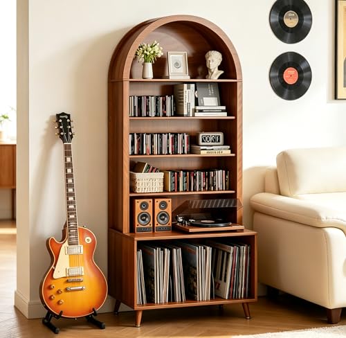 Limaoaio Large Record Player Stand with Vinyl Storage,6-Tier Arched Record Player Table Holds Up 350+ Albums, Turntable Stand with CD/DVD Rack,Vinyl Record Storage for Living Room (Walnut, 31.49''W)
