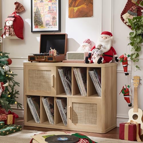 Image of LEYAOYAO Large Record Player Stand with Vinyl Storage Up to 450 Albums, Wood Rattan Boho Record Storage Accent Cabinet, Modern Stereo Media Cabinets, Wide Turntable Stand for Living Room, Natural Oak