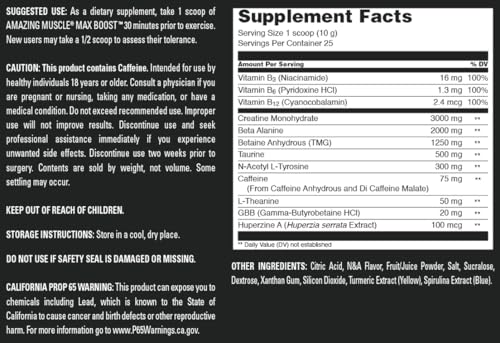 Image of Amazing Muscle Max Boost | 25 Servings | Intense Pre-Workout Supplement for Men & Women | Contains Creatine Monohydrate, Caffeine, Beta-Alanine, Betaine (25 Servings, Lemon Lime)