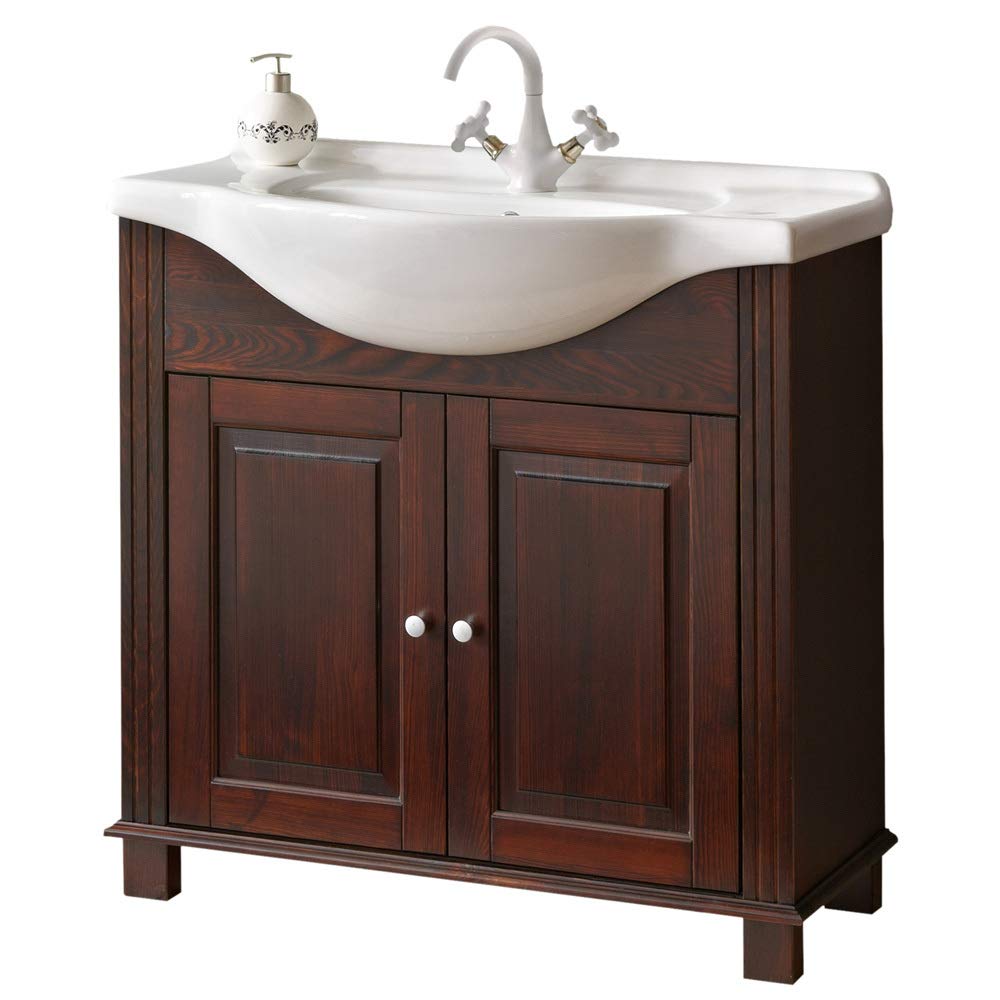 Lomadox Waschtischunterschrank 85 cm Keramik-Waschbecken Im Landhausstil, Pinie Massivholz braun, B/H/T ca. 85/83/49 cm