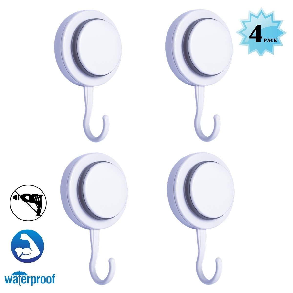 Powerful Traceless Self-Adhesive Hooks , Organizer Holder for Towel, Robe, Loofah , Waterproof Suction Cup Hooks for Shower Bathroom Kitchen Restroom (4 Pack )
