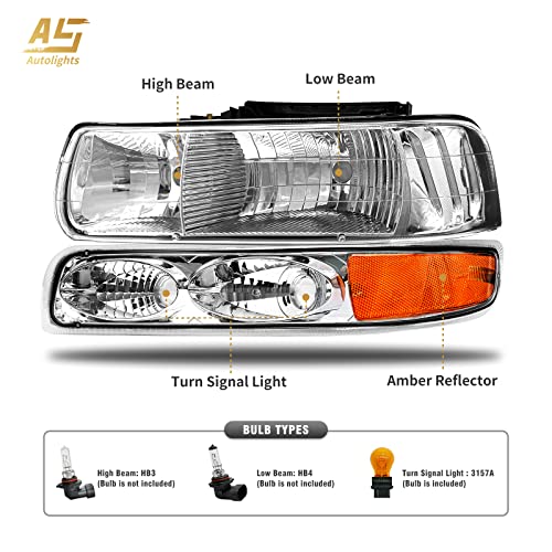 As Headlight Assembly Compatible With 1999-2002 Chevy Silverado 1500 2500/2000-2006 Suburban 1500Hd 2500Hd Tahoe Replacement Headlamp With Bumper Lights Chrome Housing Amber Reflector Clear Lens #TOP1