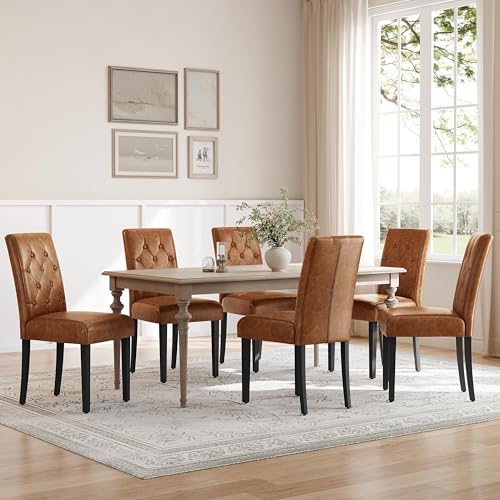 Yaheetech Dining Chairs Set of 6 Button Tufted Kitchen Chairs Retro Brown - Image 2