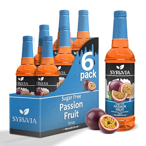 Sugar-Free Passion Fruit Syrup by Syruvia 6-Pack, 25.4 fl oz, Wholesale Coffee Syrup Shops, Cafes, Baristas, Bistros, & Beverage Bars, Bulk Kosher & Gluten-Free