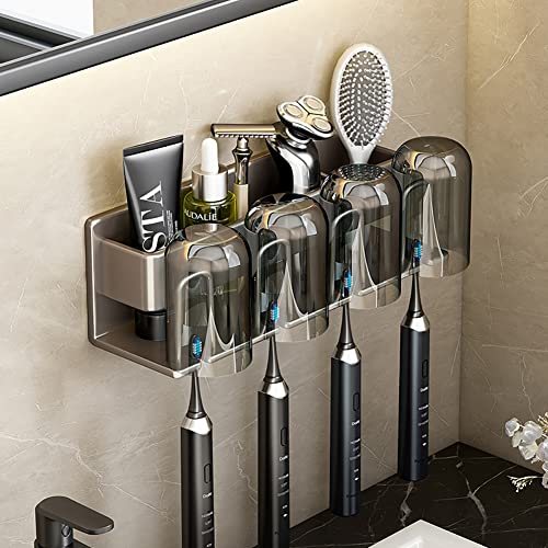 Toothbrush Holder Wall Mounted, Grey Stainless Tooth Brushing Toothpaste Holder Caddy Organizer, Bathroom Accessory Shower Handing Wall Mount Electric Toothbrush Holder For Bathroom #TOP5