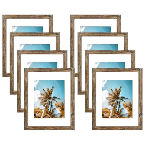 Image of Frametory, 11x14 Picture Frame With Mat for 8x10 Picture - High Definition Glass Wide Molding - Preinstalled Wall Mounting Hardware (Rustic Brown, 8 Pack)