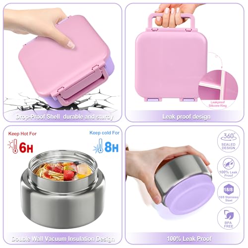 Image of Kids Bento Lunch Box with 9oz Soup Thermo Leakproof Lunch Food Containers 4 Compartment with Insulated Hot Food Jar for Kid Toddler Girls Boys to School Trvael