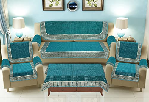 Image of SAWNA Homes 5 Seater Sofa Set with Center Table Cover for Living Comfort - 3 and 2 Seater Arm Cover Set for Home Sofa Couch - 16 Pcs Chenille Slip Cover for Furniture Protector, Sky