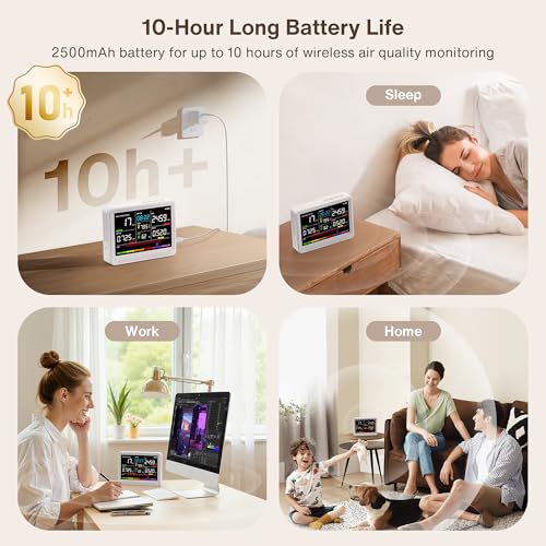 Image of Professional 16 in 1 Air Quality Monitor Indoor 10h Battery & Real-Time Display 9 AQI+7 Alerts, Wildfire CO2 Monitor Air Quality Tester for CO2, TVOC, PM2.5 PM1.0 PM10, HCHO Temp /Humidity AQI & Time