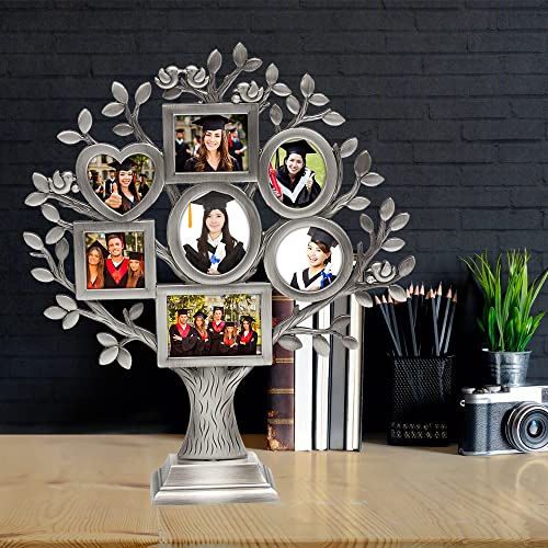 Lasody Antique Silver Family Tree With 7 Picture Frames Metal Table Top Photo Frame Decoration(Heart+Circle+Square) #TOP3