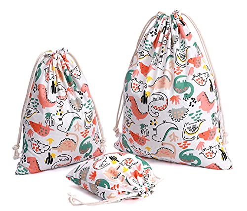 Image of Amoyie 3 pcs Drawstring Storage Bags Set for kids Stuff, Travel Accessories, Gift Bag, Cotton Organizer Bag for Toy Nuts, Dinosaurs