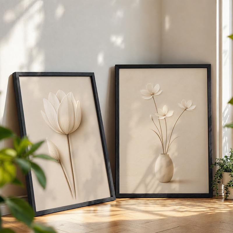 Image of NoWorries Minimal Lotus Flower Wall Painting Set of 2 with Frame | Soft White Floral & Vase Botanical Artwork, Neutral Beige Nature Wall Decor for Living Room, Bedroom, Office and Home Decoration (Art-15, 10x13inch)
