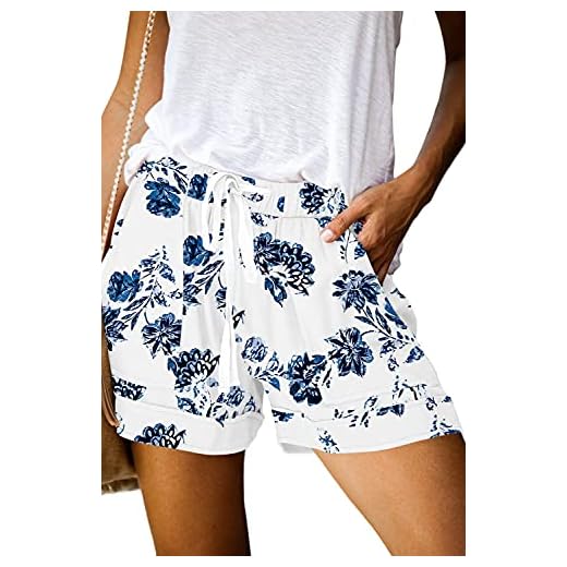 ONLYSHE Women's Summer Pants Ladies Plus Size Shorts Workout Shorts with Pockets Floral Print Shorts Elastic Waist Pants Cornflower L