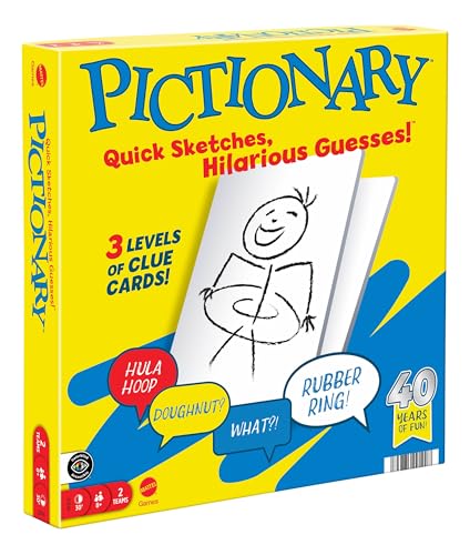 Mattel Games Pictionary   Juego de mesa familiar para niños, adultos y noche de juegos para 2 equipos con marcadores borrables, tableros y temporizador de arena, JDX96