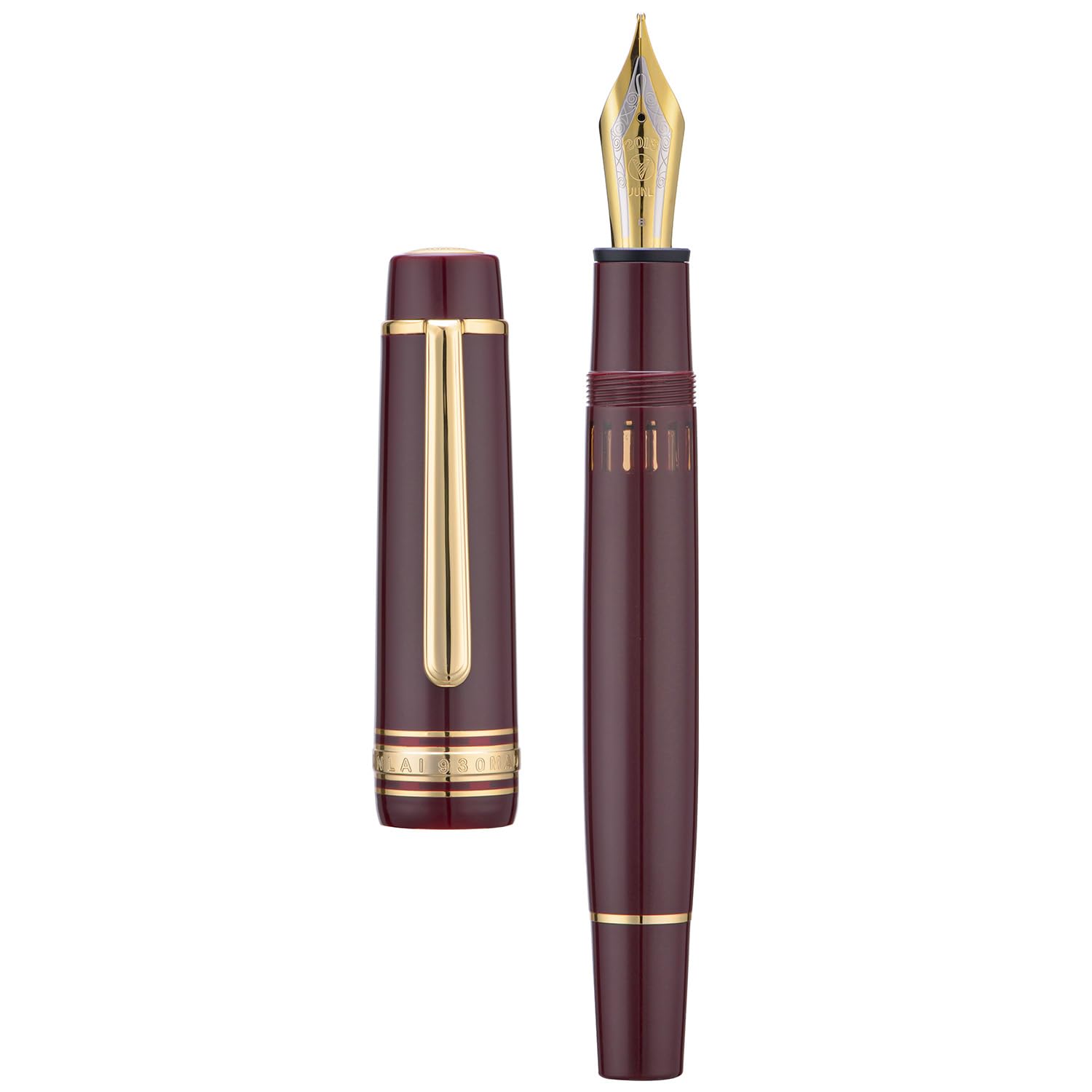 Yongsheng 930 Acrylic Fountain Pen, Size 9 Fine Nib with Piston Filling System, Wine Red Fence Ink Tank with Flat Top Design Smooth Writing Pen (Gold Trim)
